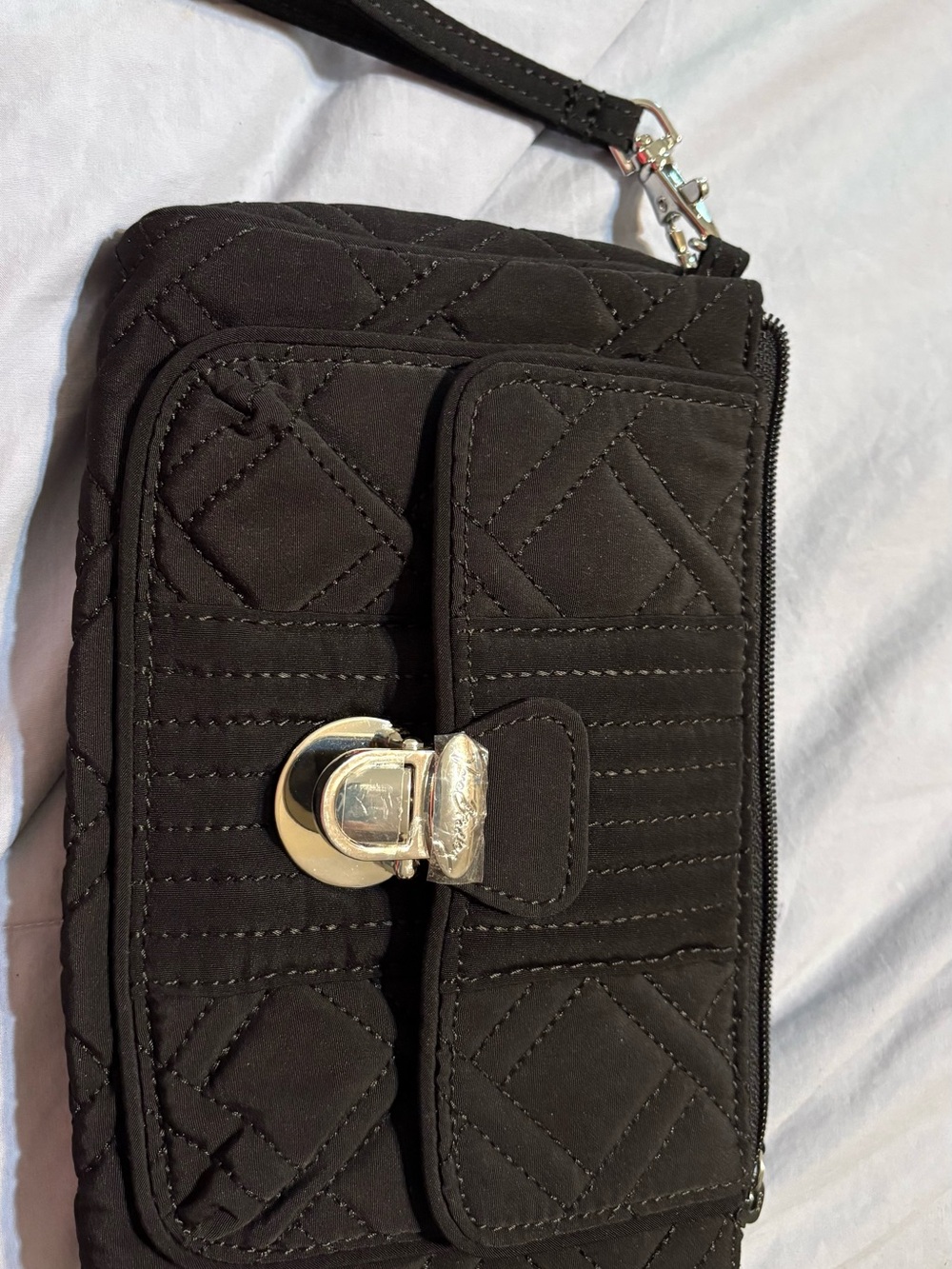 Vera Bradley Black Quilted Wristlet Clutch with Silver Hardware